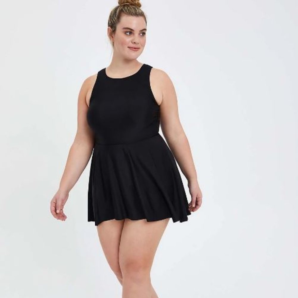 Torrid Wireless High-Low Swim Dress With Brief, Black, Size 1